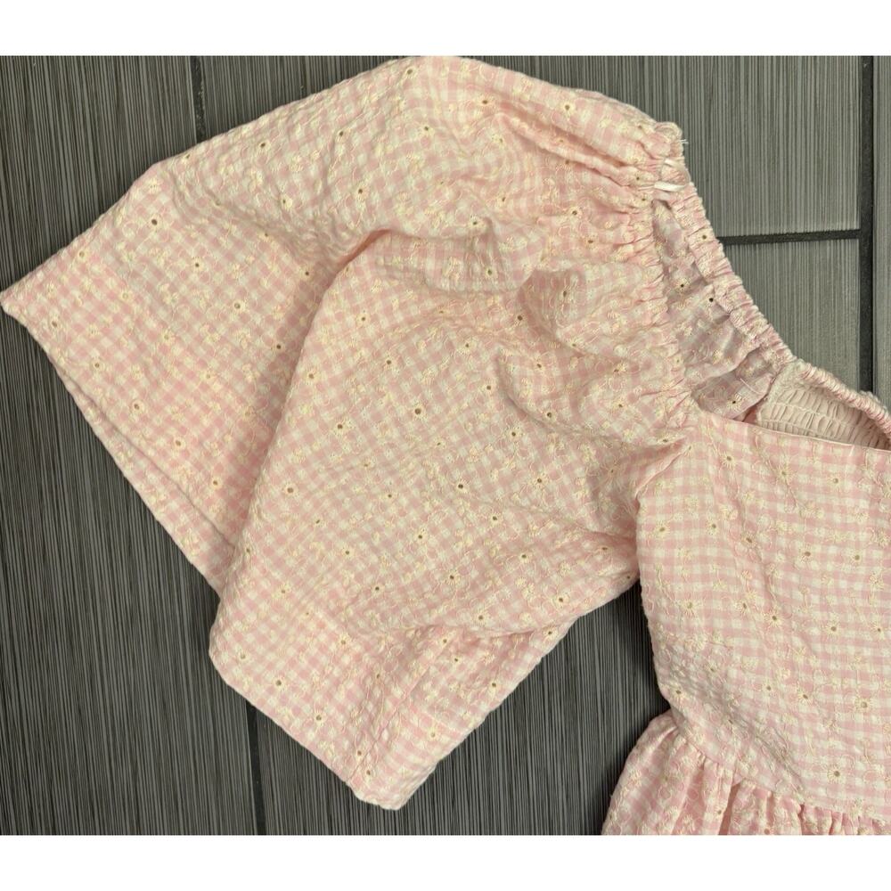Mable Pink/White Gingham Short Puff Sleeve Tiered Dress Smocked Open Back Small - Picture 2 of 9